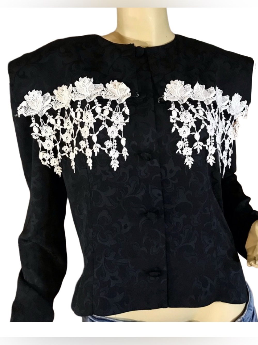 VINTAGE 1990'S IN THE MOOD BLACK BROCADE AND WHITE CROCHET LACE BLOUSE (14) - Picture 2 of 10